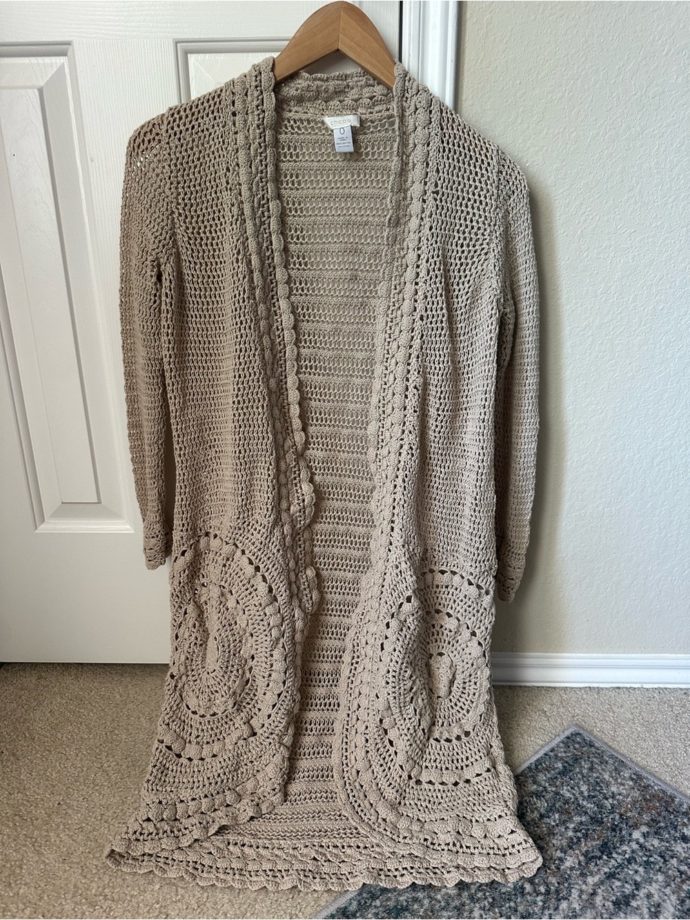 Chico’s Open-Front Long Crocheted Cardigan Sweater - Beige